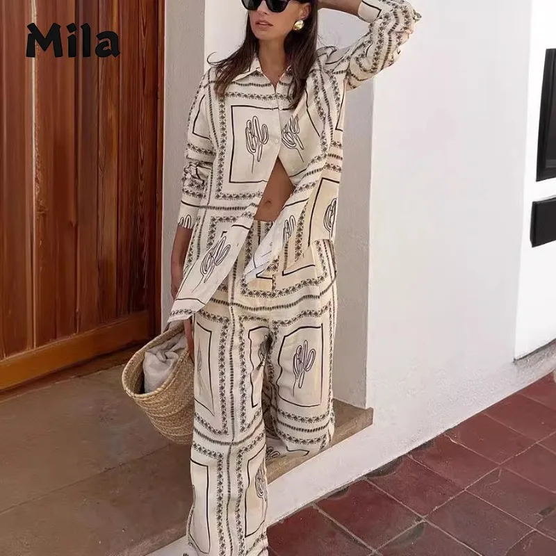 Printed Long-sleeved Shirt Trousers Two-piece Suit Women\'s Summer Clothes Set Pant Sets for Women 2 Pieces Elegant Matching