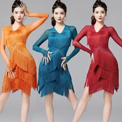 Mode Latin Dans Kostuums Voor Vrouwen Sexy Mesh Lange Mouwen Strass Kwastje Dans Jurk Latino Dance Praktijk Slijtage DL7495