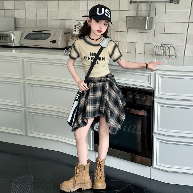 

Korean Summer Teenager Girl Clothing Set Children Girl Letter Tight Fitting Short Sleve Tops+Plaid Irregular Skirt Set For Girls