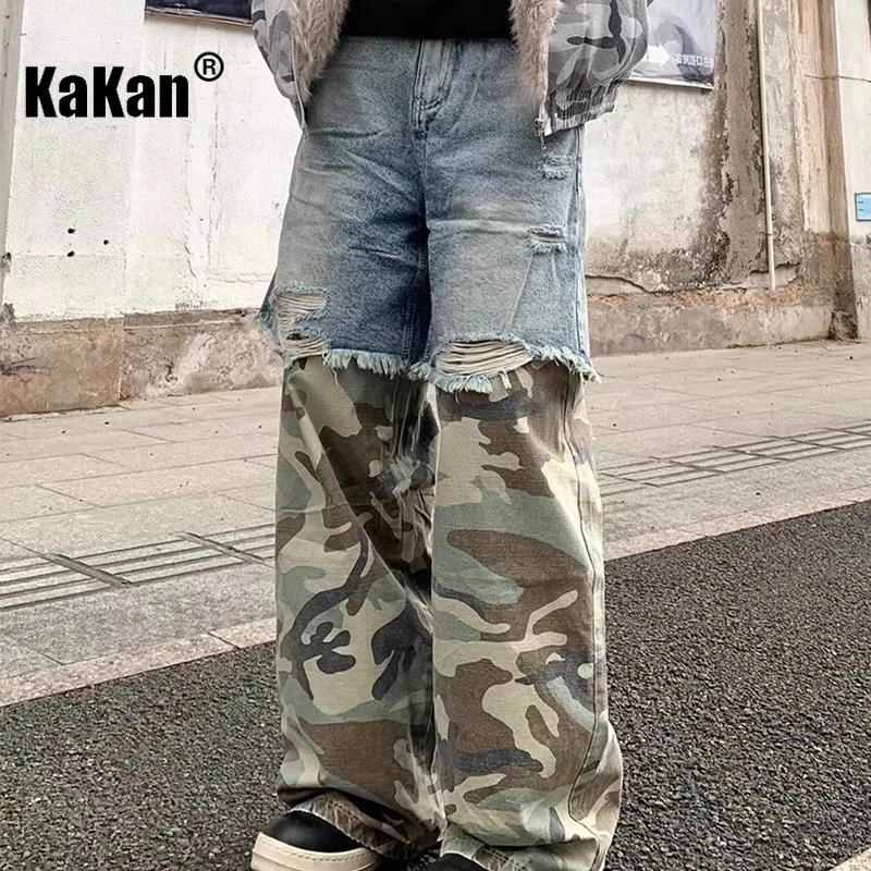 

Kakan - New Men's Splicing Camouflage Jeans, y2k Men's Pants High Street Niche Wash Loose Wide Leg Long Jeans jeans man brand