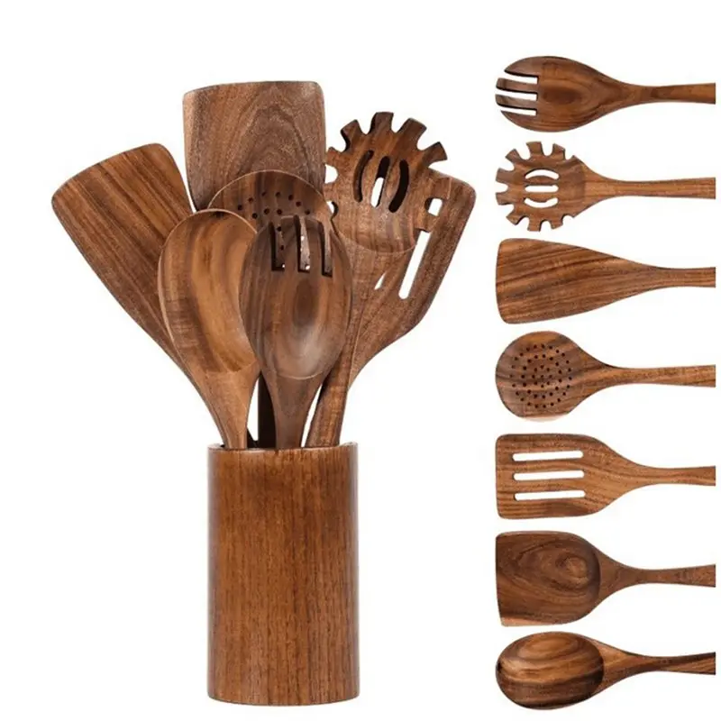 ABMR-Wooden Spoons For Cooking Kitchen Utensil Set With Holder With Holder & Spoon Rest Non-Stick Safe Spatula Set