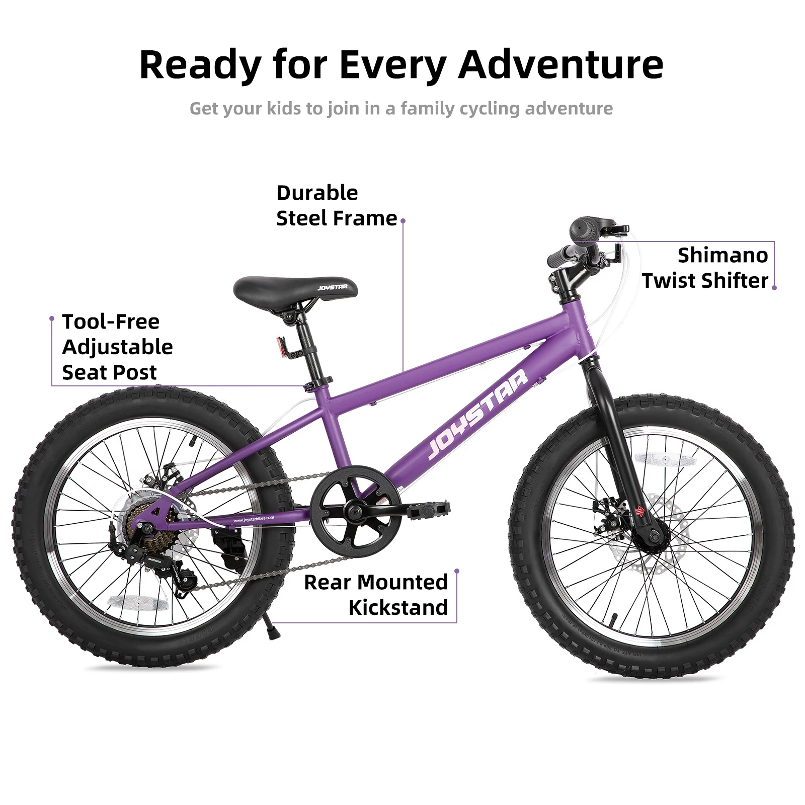 JOYSTAR 20-Zoll-Mountainbike für Kinder im Alter von 7 bis 12 Jahren, Fat Tires, 7-Gang-Shimano-Antriebsstrang, Scheibenbremsen, Fat Tire, Lila