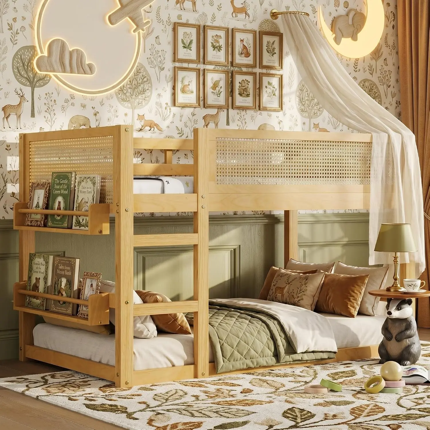 Twin Over Twin Floor Bunk Bed with Storage Shelves and Ladder, Low Bunk Bed  with Rattan Guardrails,, Customized