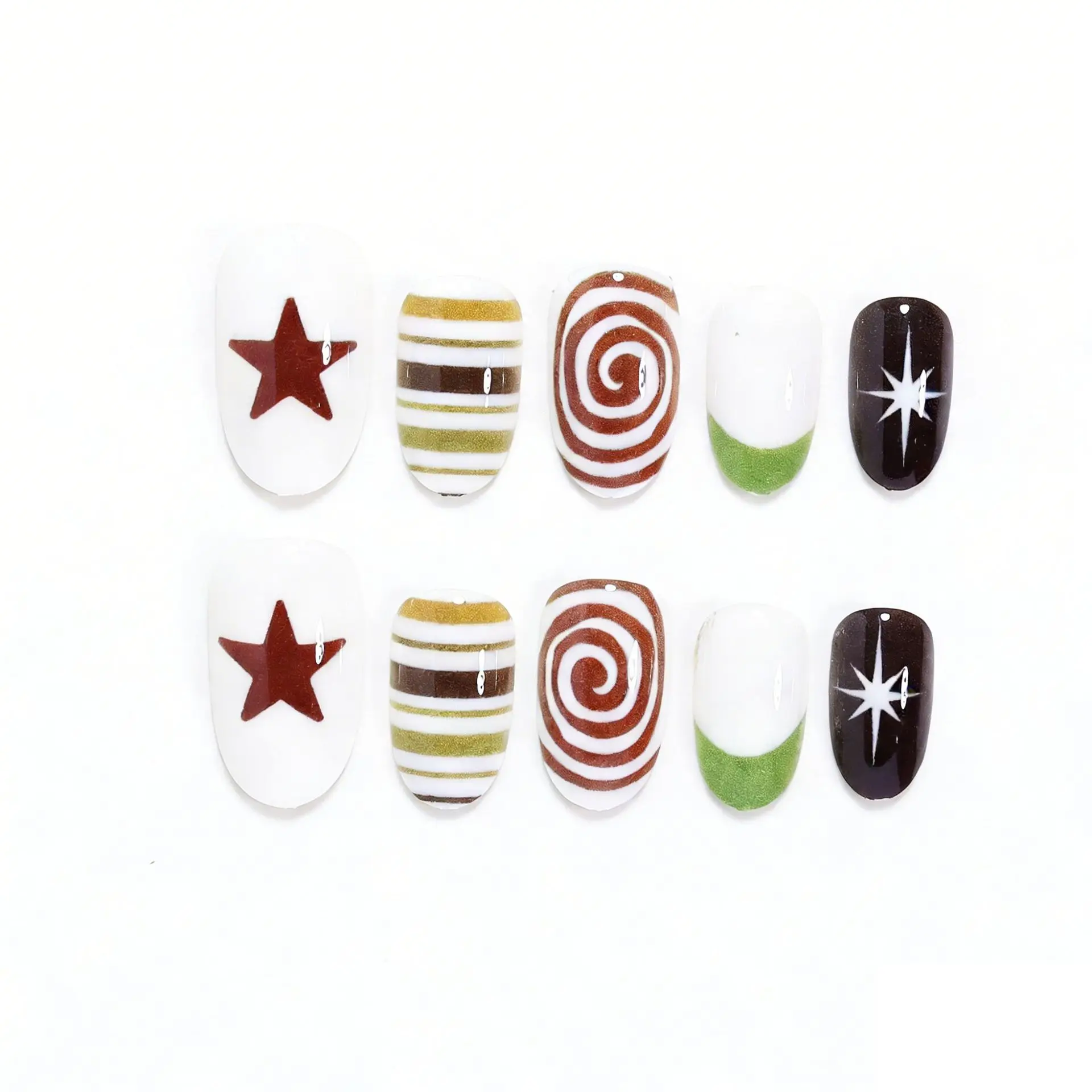 24pcs Red star trendy Instagram style with multi-color stripes, red vortex stripes, green French manicure nail stickers