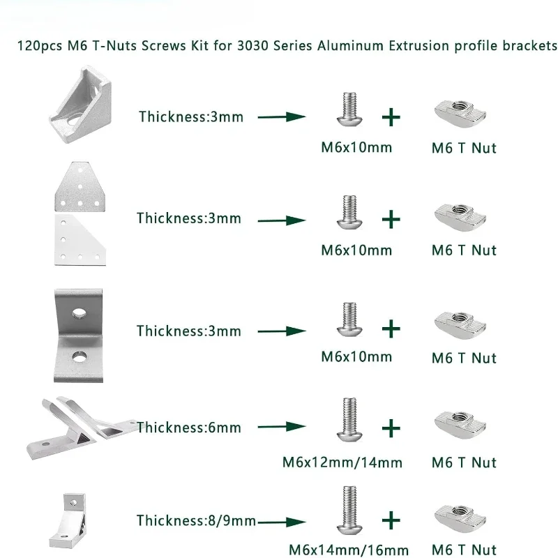T-Mutter-Schrauben-Set für 3030 3060 Aluminium-Extrusion, 60 Stück M6 Innensechskantschrauben und 60 Stück M5 Drop-in-T-Muttern mit M6-Inbusschlüssel