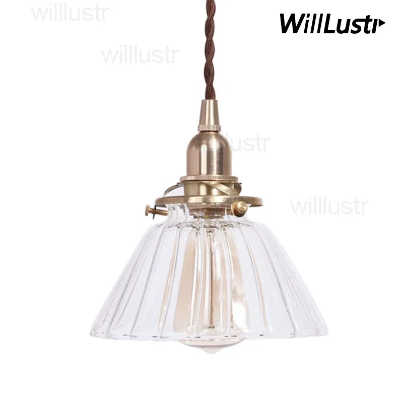 Mouth Blown Glass Brass Pendant Lamp Handmade Clear Transparent White Ribbed Ceiling Chandelier Suspension Hanging Lighting