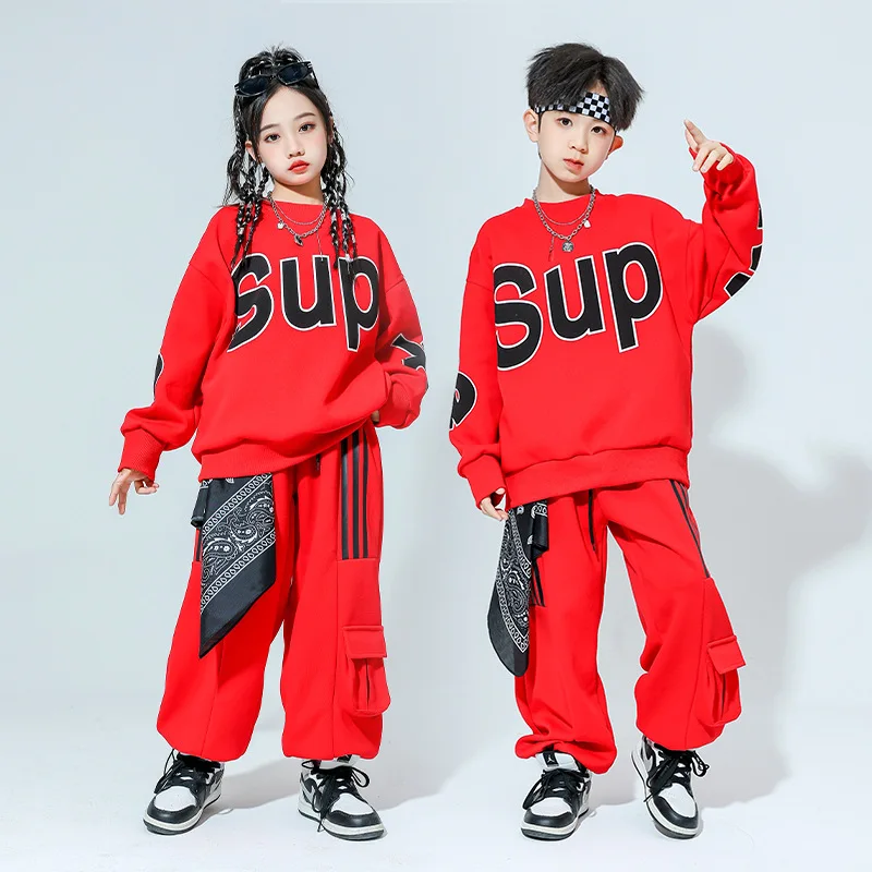 Children Boys Grils Streetwear Hip Hop Show Sets Performance Dance Clothes Kids Long Sleeve Pullover Sweatshirt Pants Tracksuits