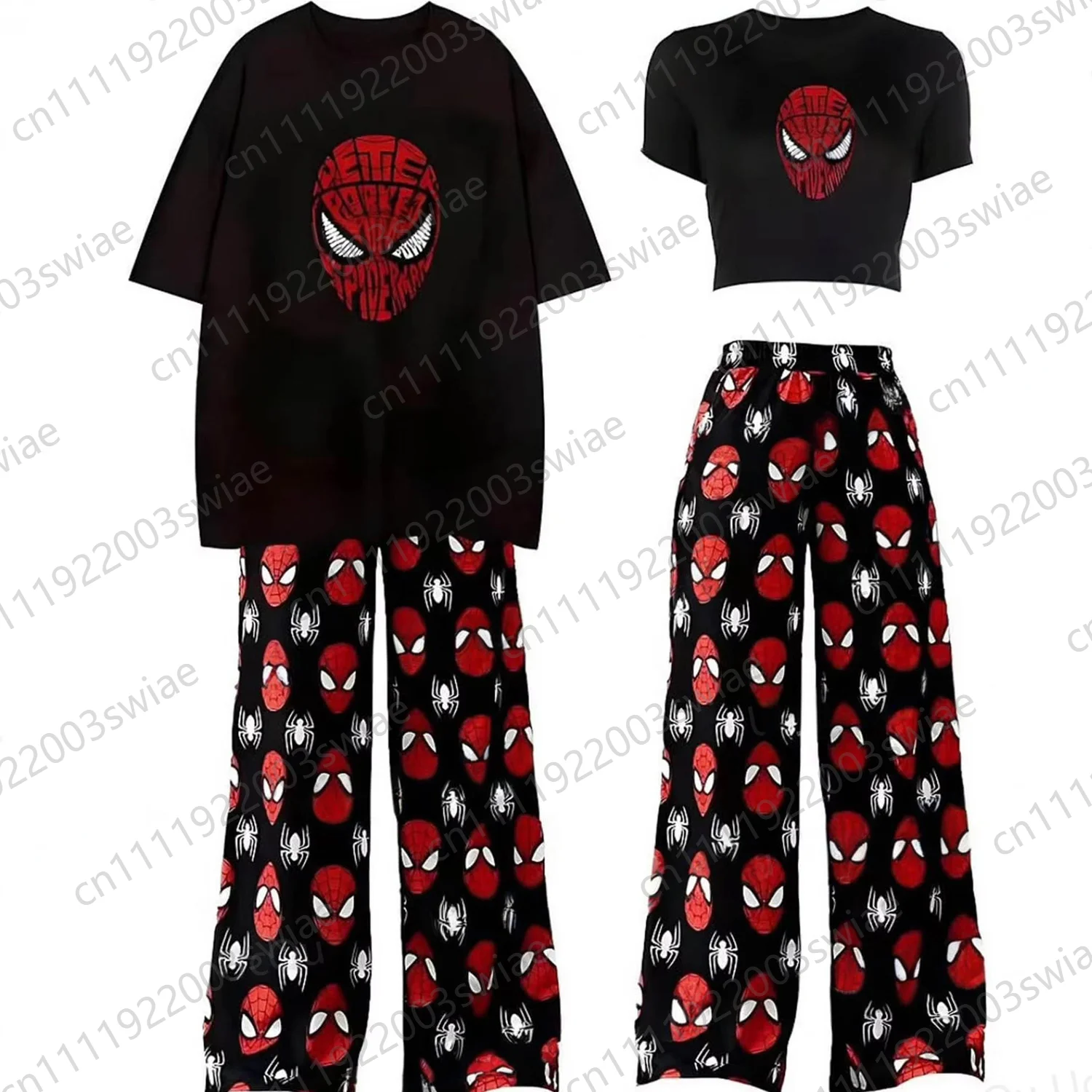 2026 New Summer Couples Matching Pajama Set His Hers Spider Print Adult/Kids Crop Top Wide Leg Sleeping Pant INS Homewear tee