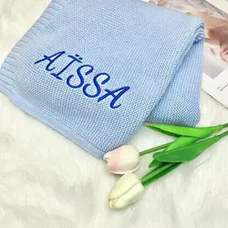 Personalized Name Embrodery Name Baby Knitted Blanket Cotton 100x80cm Warm Newborn Wraps Custom Baby Blanket Chirstmas Gift