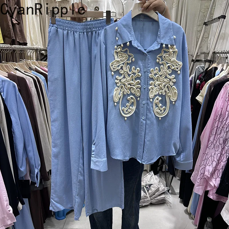 

Fashion Spring Women Two-piece Set Embroidery Loose Long Sleeve Cardigans Top + All-match Elastic Waist Straight Casual Pants