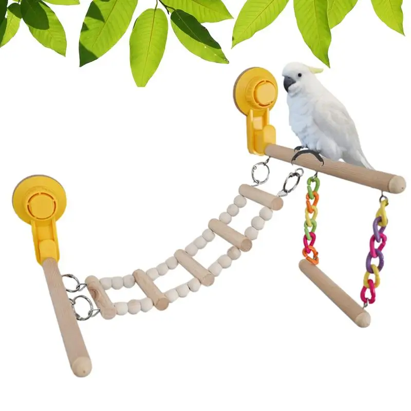 Bird Perch Ladder Standing Wood Platform With Suction Cup Bird Toys For Small And Medium Parakeet Macaw Cockatoo African Grey