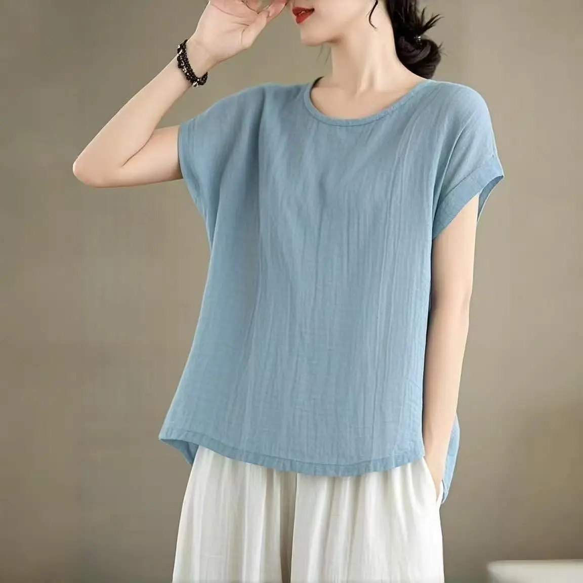 

Summer New Arrival Classic Minimalist Style Literary Retro Thin Light Blue Comfortable Women's Plus Size Short Sleeve Top