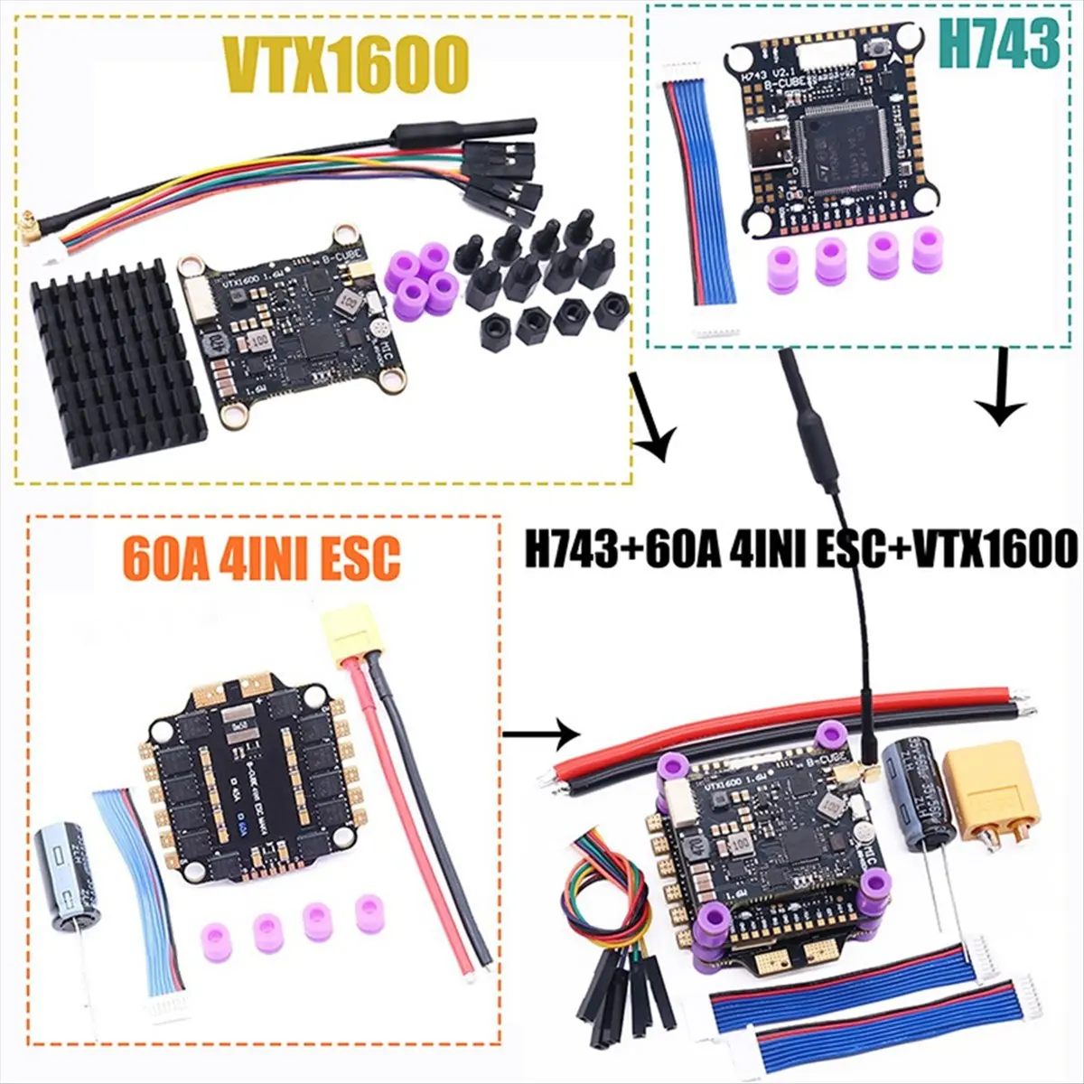 A59E H743 Flight Control+60A 4INI ESC+VTX1600 3-6S Dual Gyro BEC 30.5mmx30.5mm for RC FPV Drone