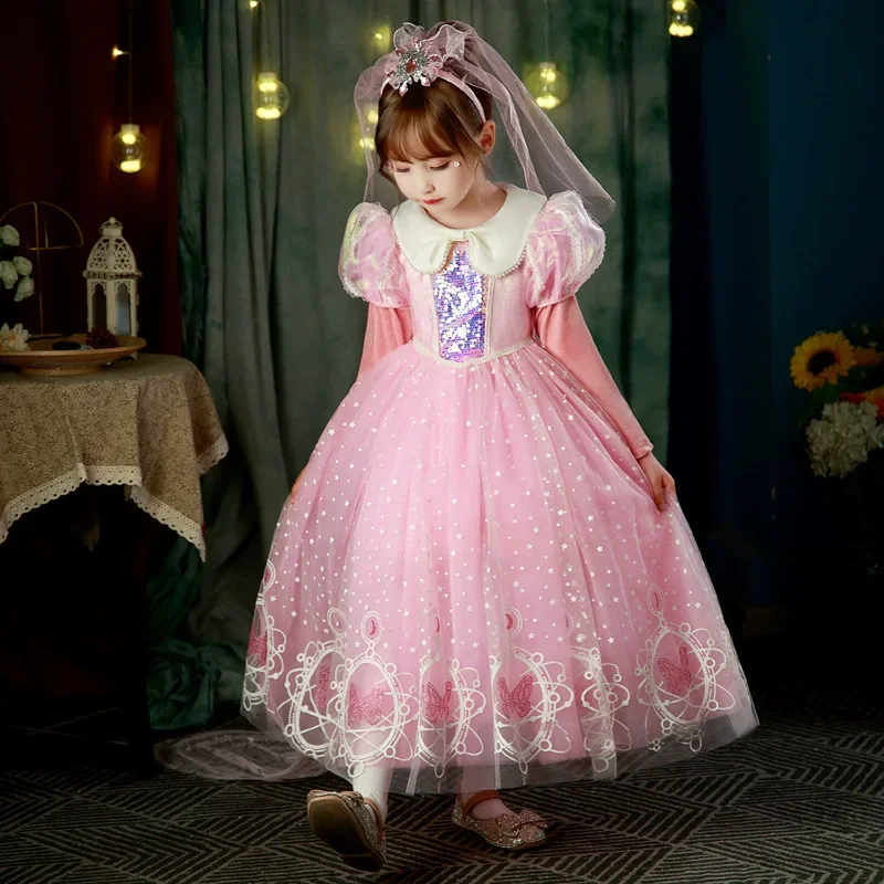 Costume da principessa Dress Up Outfit Costume rosa della Bella Addormentata per ragazze Costume di Halloween a maniche lunghe Vestito da festa cosplay 2-@0Z*