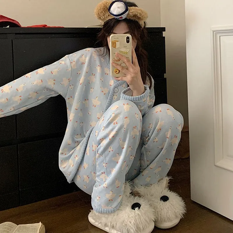 

Cartoon Cute Pajama Set Woman Cotton Velvet Autumn Winter Warm Sleepwear Pijama Long Sleeve Nightwear Home Suit Female Pyjama