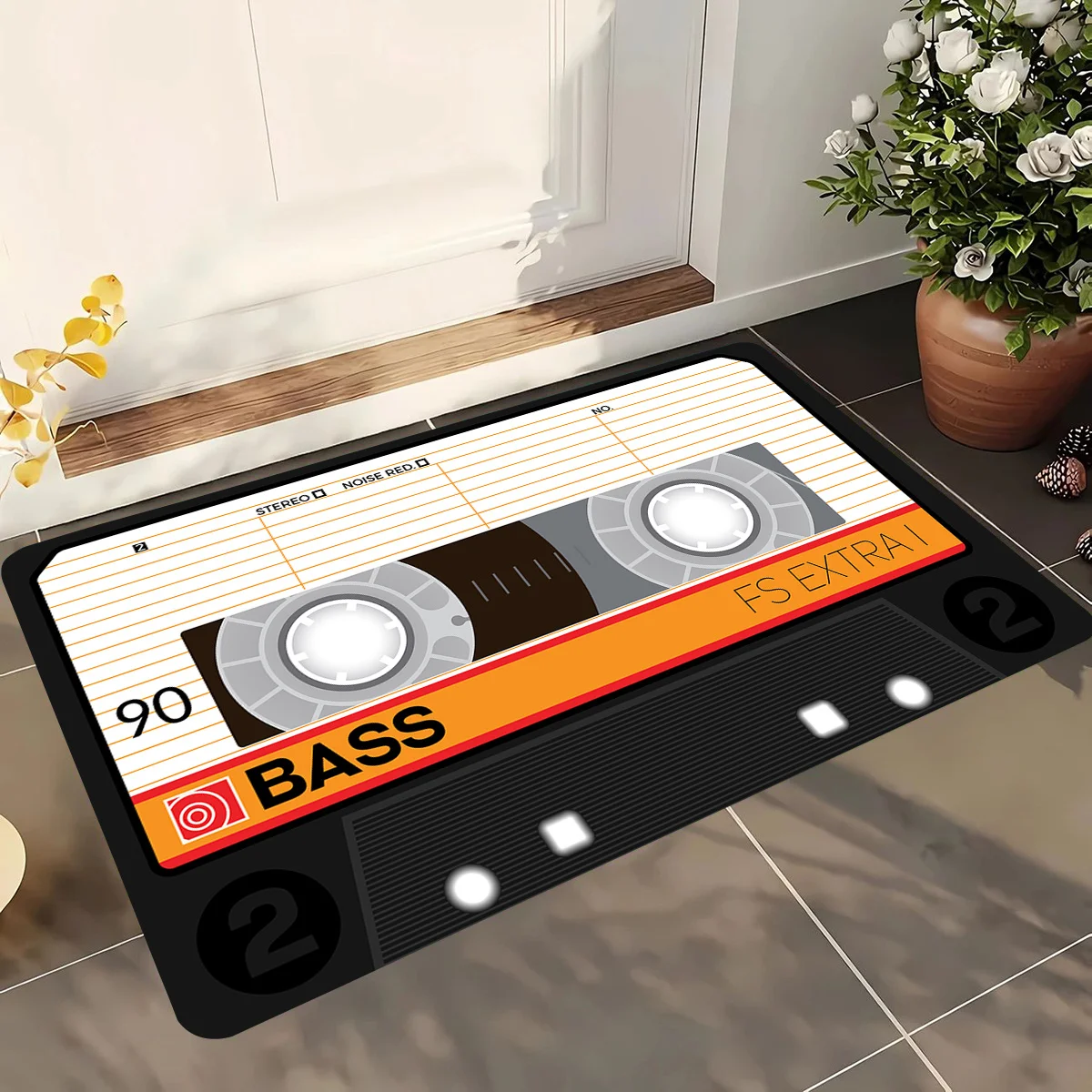 1pc Retro Cassette Tape Print Door Mat - Soft Flannel Indoor/Outdoor Entryway Mat, Black with Orange Accents, Machine Washable