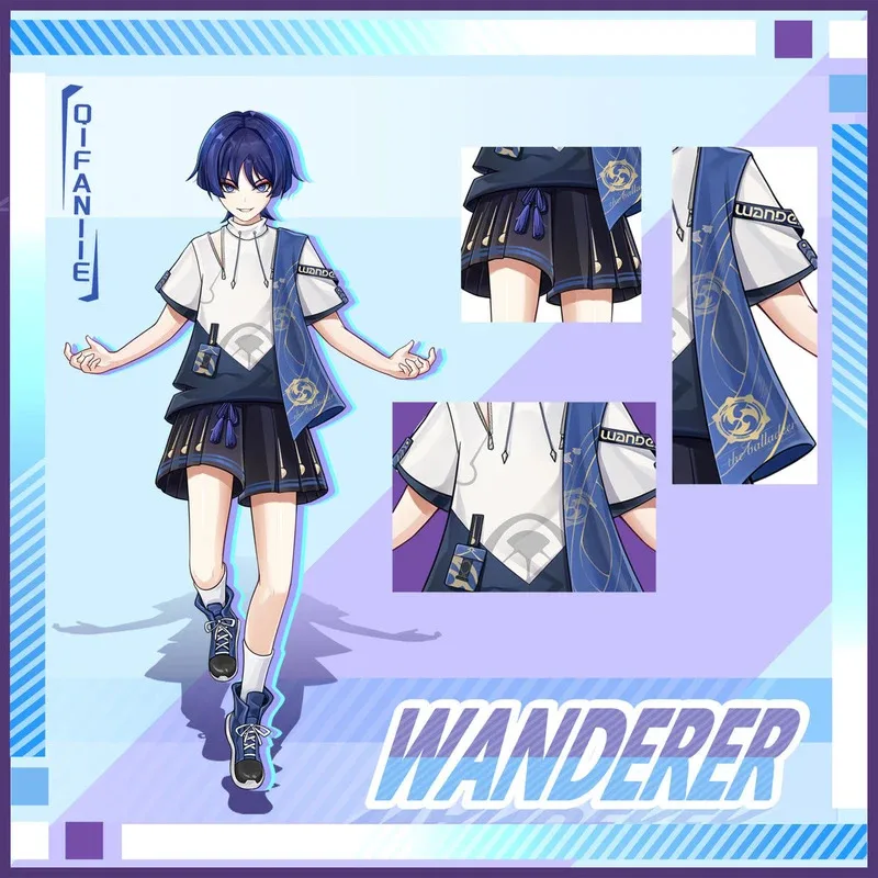 

Genshin Impact Wanderer Balladeer Косплей Футболка и шорты Топы Брюки Костюм с коротким рукавом Летняя уличная одежда Скарамуш Парик