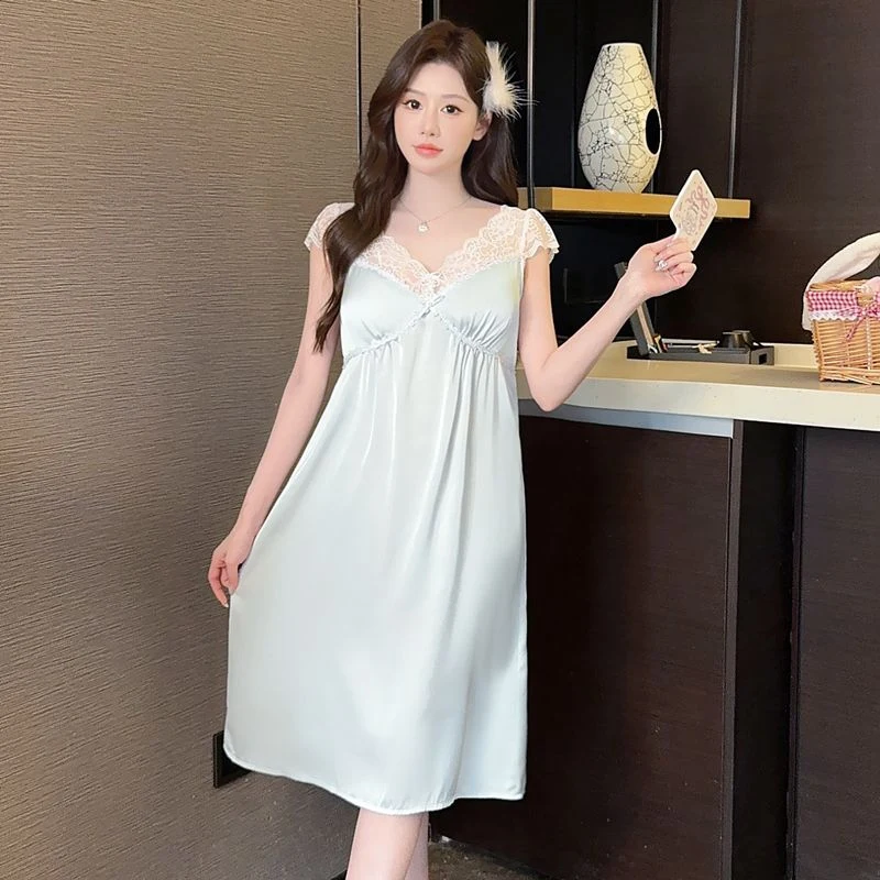 

Лето 2025 года, сексуальное кружевное нижнее белье с короткими рукавами и v-образным вырезом, шелковые атласные ночные рубашки для женщин, одежда для сна, ночное платье, ночная рубашка, домашняя ночная рубашка