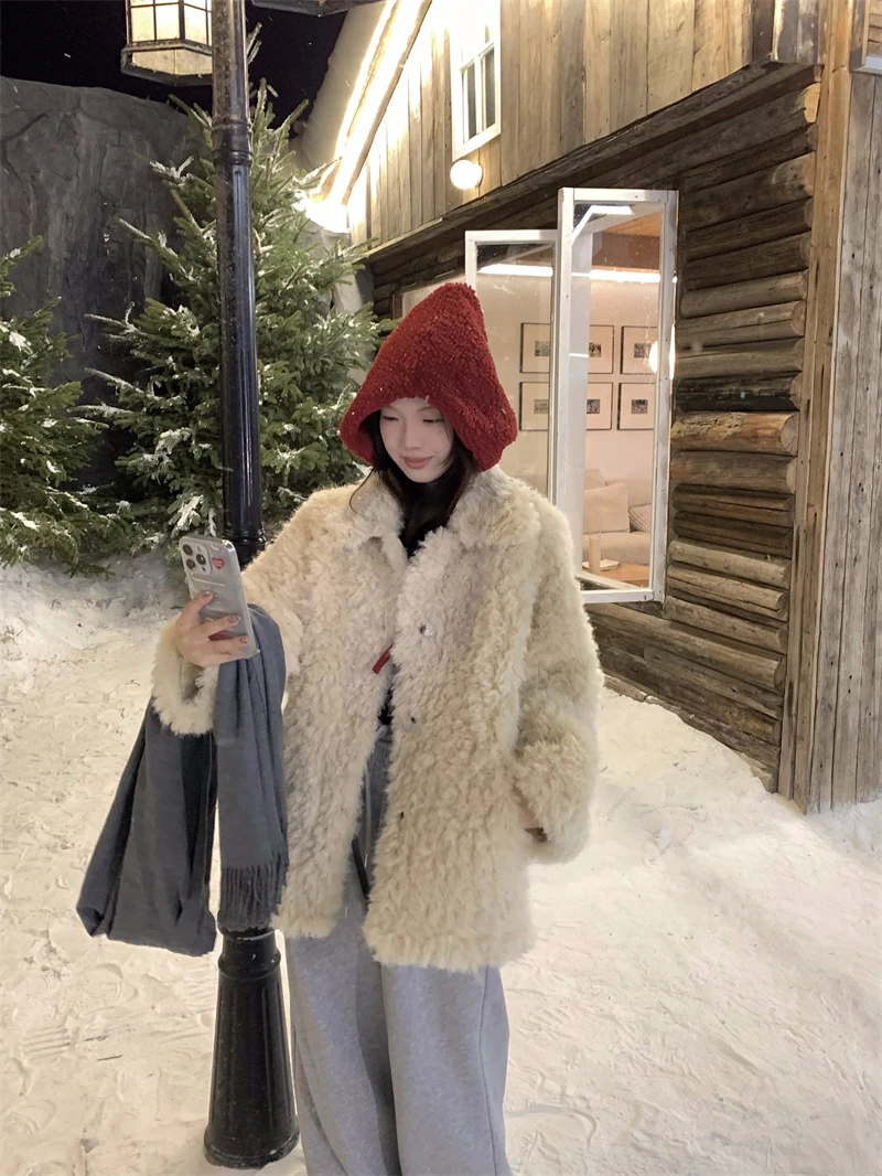 

Новая женская модная куртка из овечьей шерсти средней длины на осень-зиму 2025 года, теплая, утолщенная, для повседневной носки, однотонная