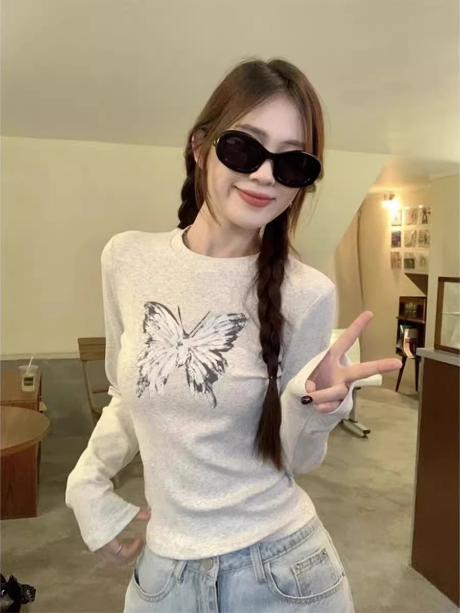 American Style Long Sleeve  Print T-Shirt Women's Spring plus Size Slimming Inner Wear Top Shoulder Width Appropriate