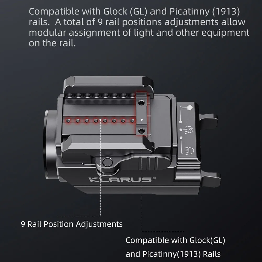 Klarus-linterna táctica GL2 con láser verde, 1000 lúmenes, Compatible con Glock y riel Picatinny, recarga Directa tipo C