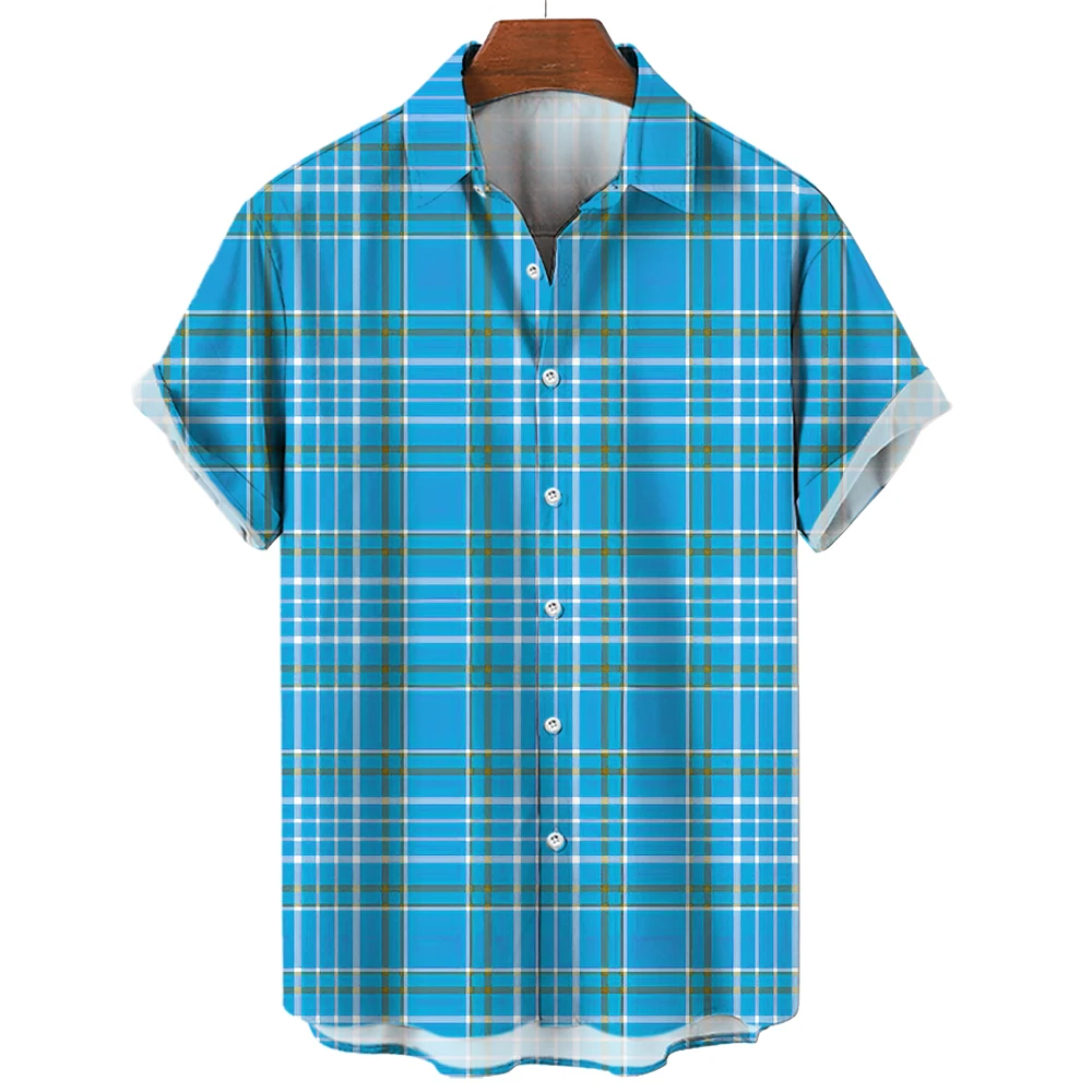 Men's Plaid Shirt Short Sleeve T-shirt 3d Striped Print New Casual Social Extra Large Camisa 2024