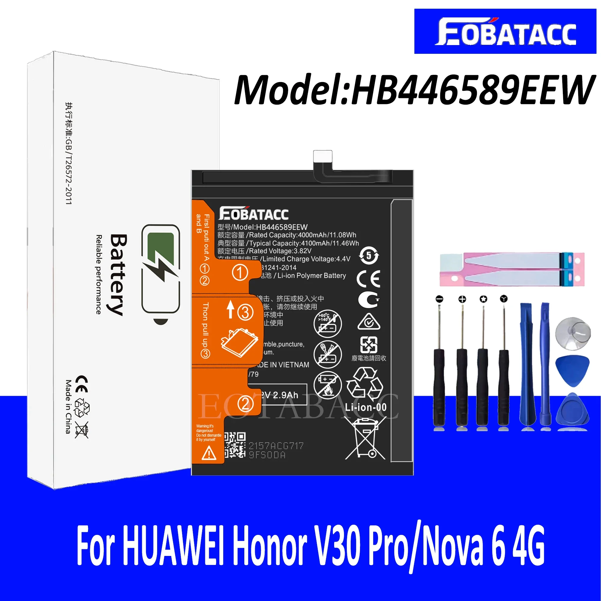 EOTABACC 100% New Original Battery HB446589EEW For HUAWEI Honor V30 Pro/Nova 6 4G Battery +Tools