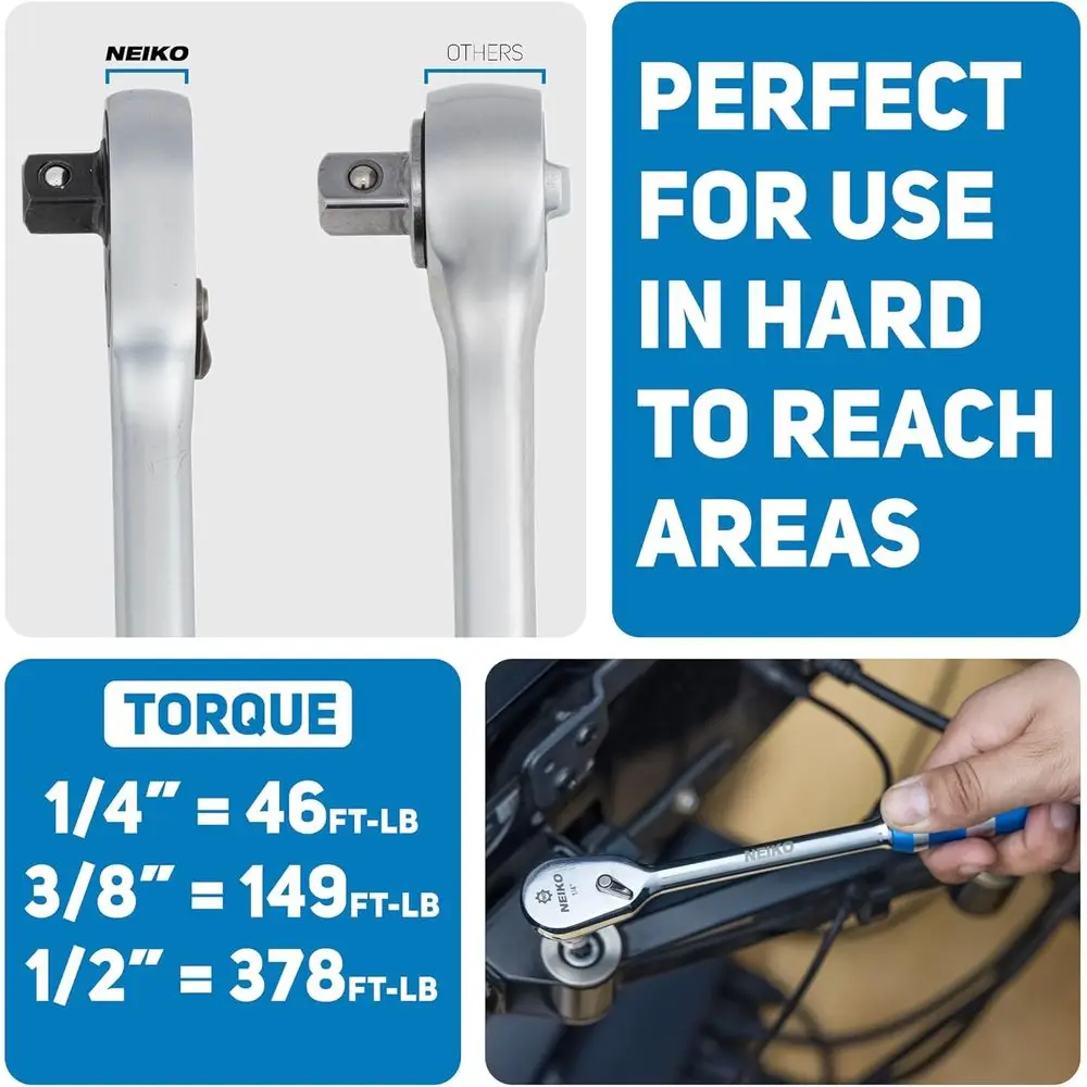 03006A 플랫 헤드 라쳇 세트 - 3피스 로우 프로파일 1/4, 3/8, 1/2 인치 드라이브, 90 톱니, 아노다이징 텍스처드 그립 핸들, 롱 핸들