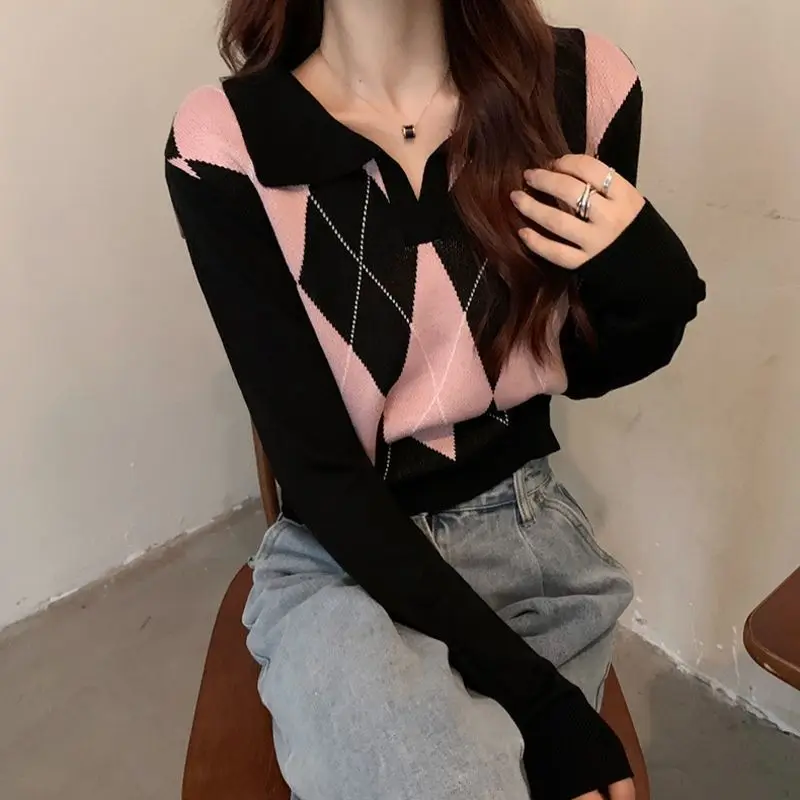 Spring Trend Patchwork Knitting Turn-down Collar Long Sleeve Pullovers Women Clothing Preppy Style Plaid Slim Sweater Femme Tops