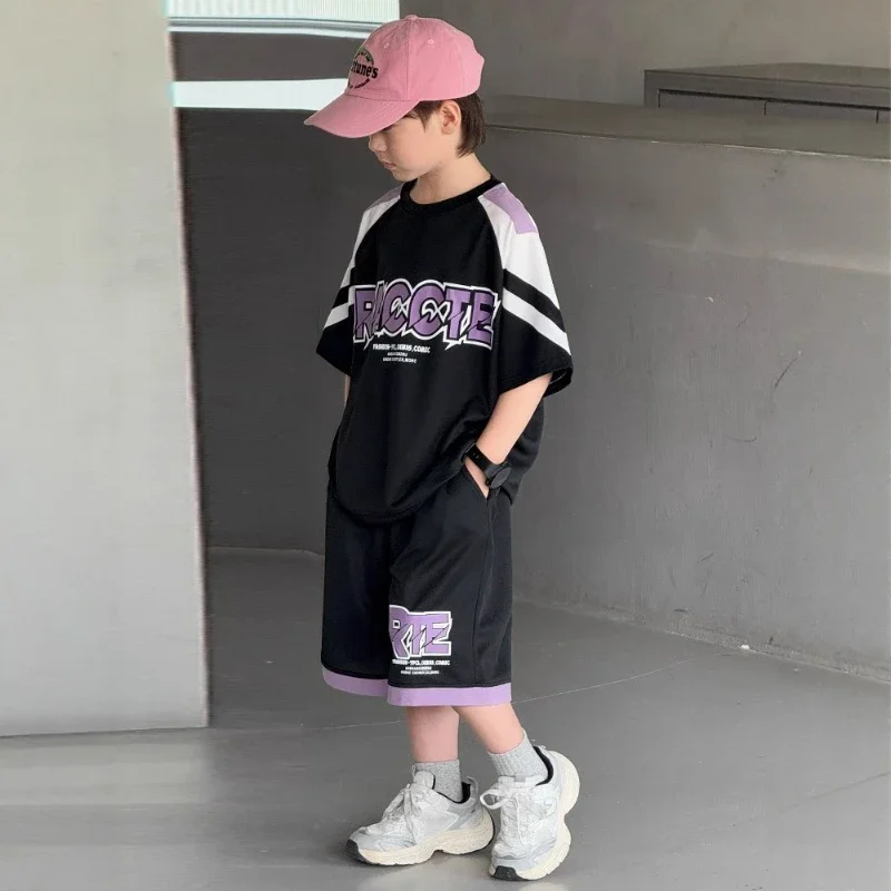 

2025 New Children's Summer Purple Letter Printed Black and White Raglan Top and Shorts Two-piece Set