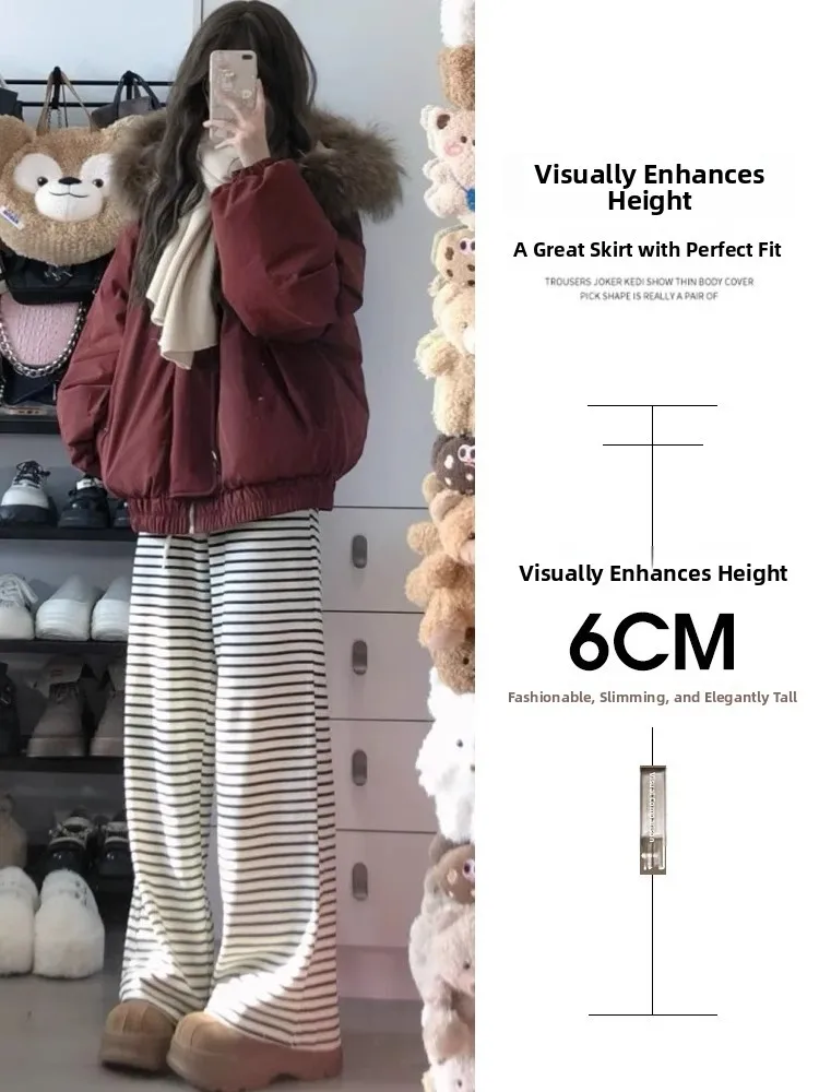 Cintura alta drapeado malha fce forrado calças de perna larga listrado calças casuais para mulheres teana neve coreano sle calças compridas