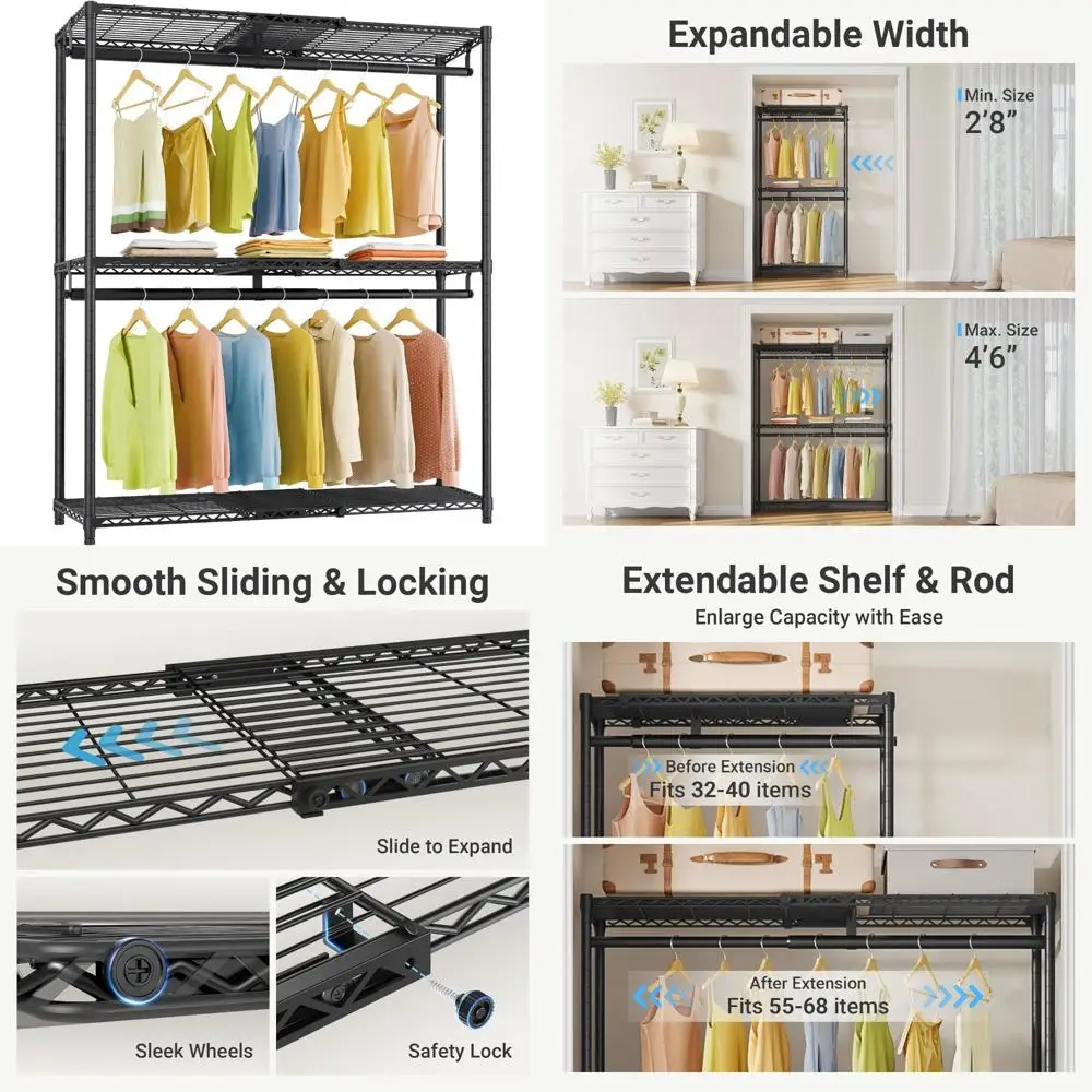 نظام خزانة قابل للتعديل، قابل للتوسيع من 2'8 إلى 4'6، مع أرفف قابلة للتخصيص وقضبان شماعات لمتجر الملابس شديدة التحمل #1