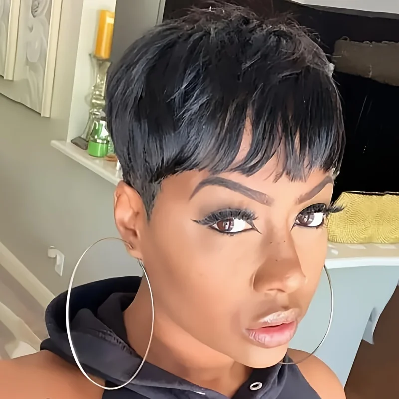 Black Short Shag Layered Wig With Bang Short Synthetic Wig For Daily Party Cosplay Wig 6 Inch