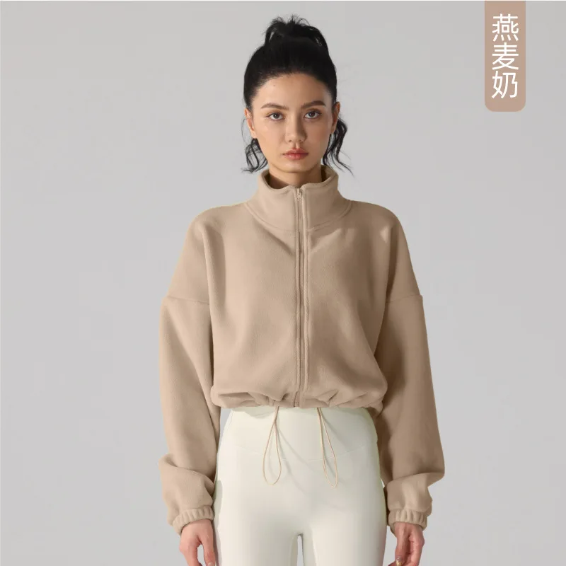 سترة رياضية من صوف الخروف للنساء في الخريف والشتاء، مع صوف سميك وياقة واقفة، سترة صوف كاجوال من الصوف