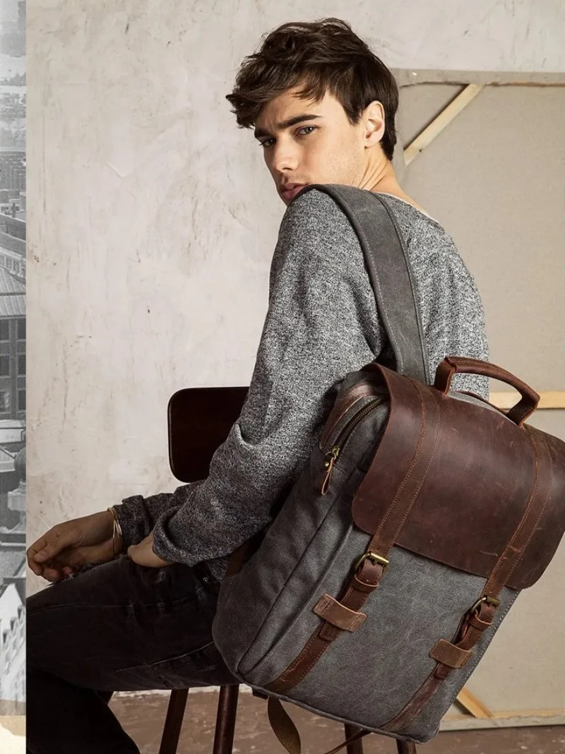 Military Canvas Leather Backpack for Men & Women, Fashion Male School Bag, Unisex Rucksack Mochila Backpack