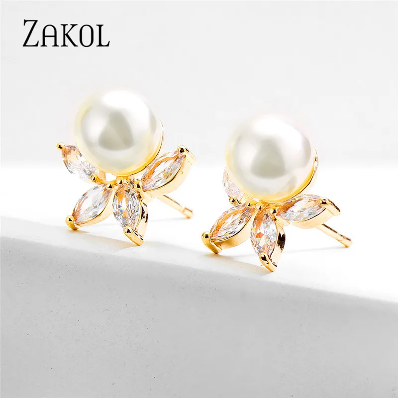 ZAKOL Classic Round Simulated Pearl Stud Earrings for Women Shinny Zirconia Crystal Bridal Wedding Party Fashion Jewelry