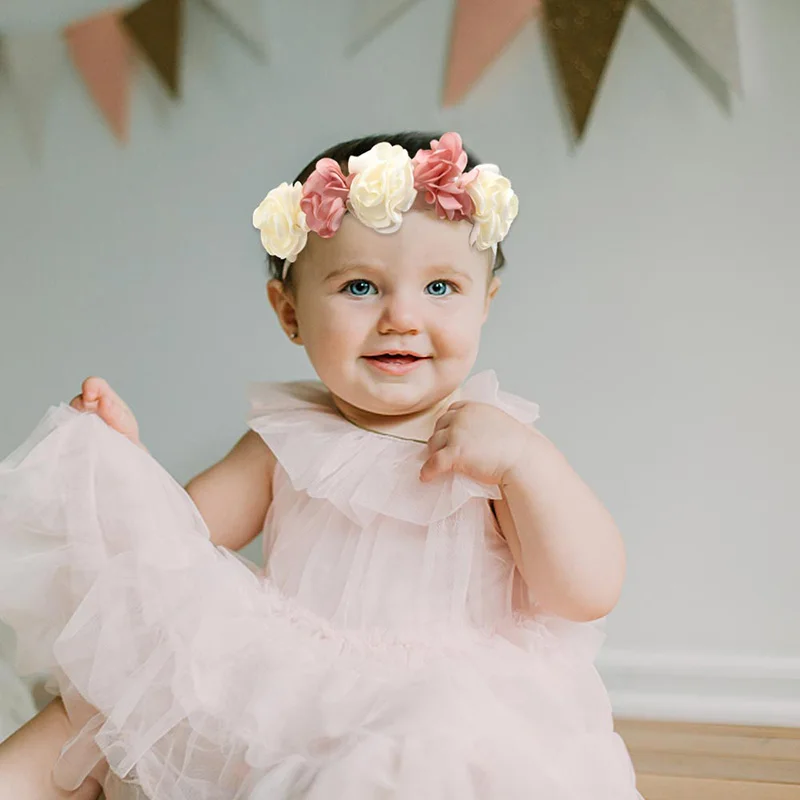 Linda diadema para niña, diadema elástica con flores y perlas para bebés, banda para el cabello de nailon, diademas para niños pequeños con flores