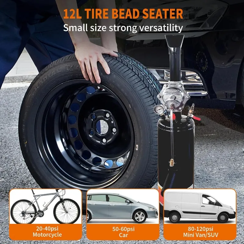 مقعد خرز الإطارات، منفاخ جلوس على شكل زناد هوائي سعة 12 لتر/3.2 جالون، أداة منفاخ إطارات محمولة 145 رطل لكل بوصة مربعة، ضغط تشغيل 87-116 رطل لكل بوصة مربعة #5