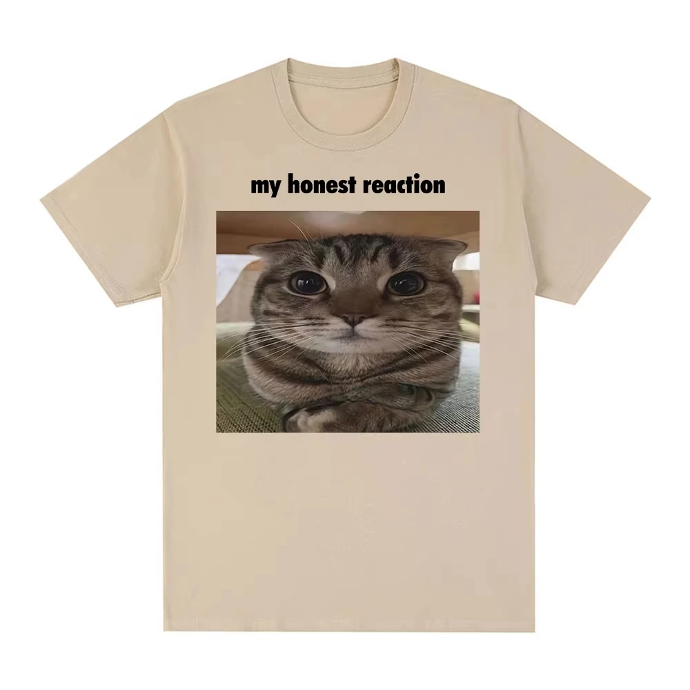 Men's and Women's Fashionable Harajuku T-shirt Casual Cotton Short Sleeved T-shirt Top My Honest Reaction Fun Cat Model T-shirt