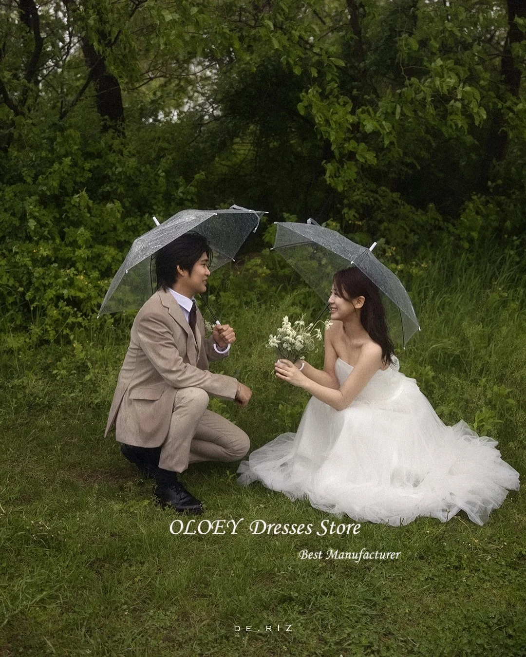 OLOEY Proste Suknie Ślubne w Kształcie Litery A z Tiulu w Kolorze Kości Słoniowej na Sesję Zdjęciową Koreańskie Ramiączka Plisowane Suknie Ślubne Gorsetowe Plecy Szyte na Miarę 웨딩드레스