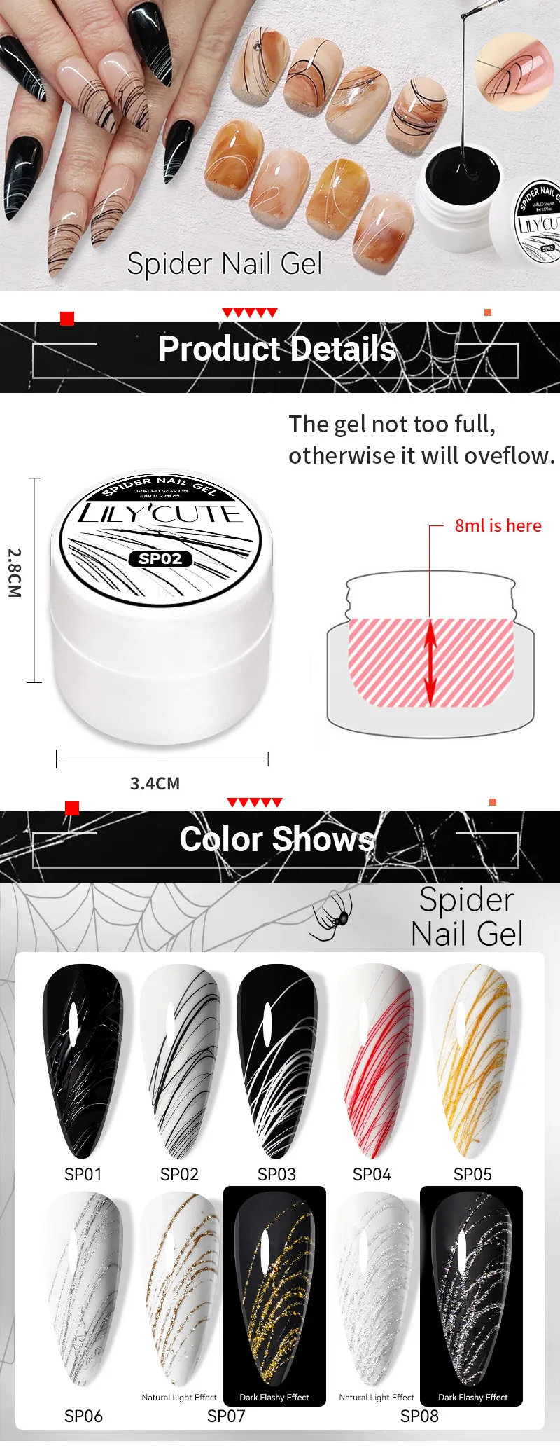 LILYCUTE 8 ml weiß schwarz silber Spinne Nagelgel natürliche dunkle auffällige Zeichnung Malerei UV Gel Nagellack Nägel Kunst Design – Detail 1