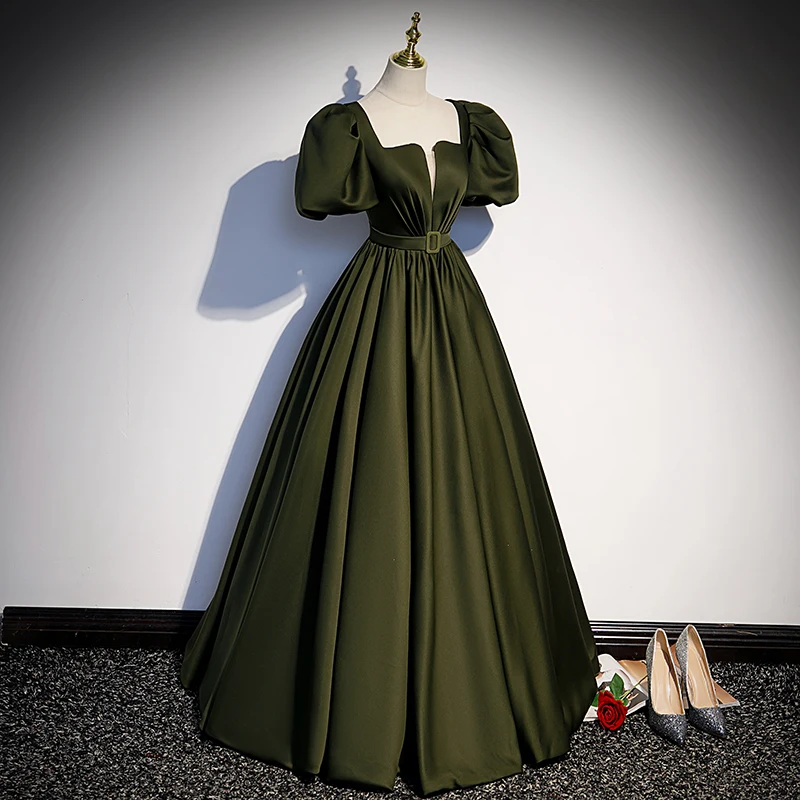 Evening Dress Dark Green Satin Square Collar Short Puff Sleeves Pleat A-line Floor Length Plus Size Women Party Formal Gown