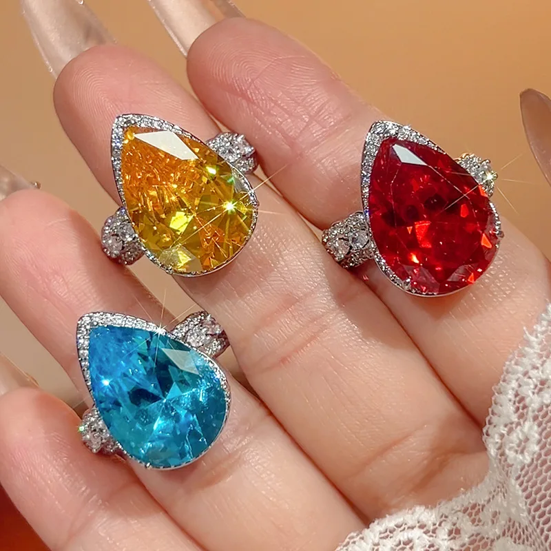 KQDANCE Pear Brilliant Cut Large 13*21 mm Created Yellow Citrine Blue Aquamarine Orange Gemstone Zircon Diamond Rings For Women