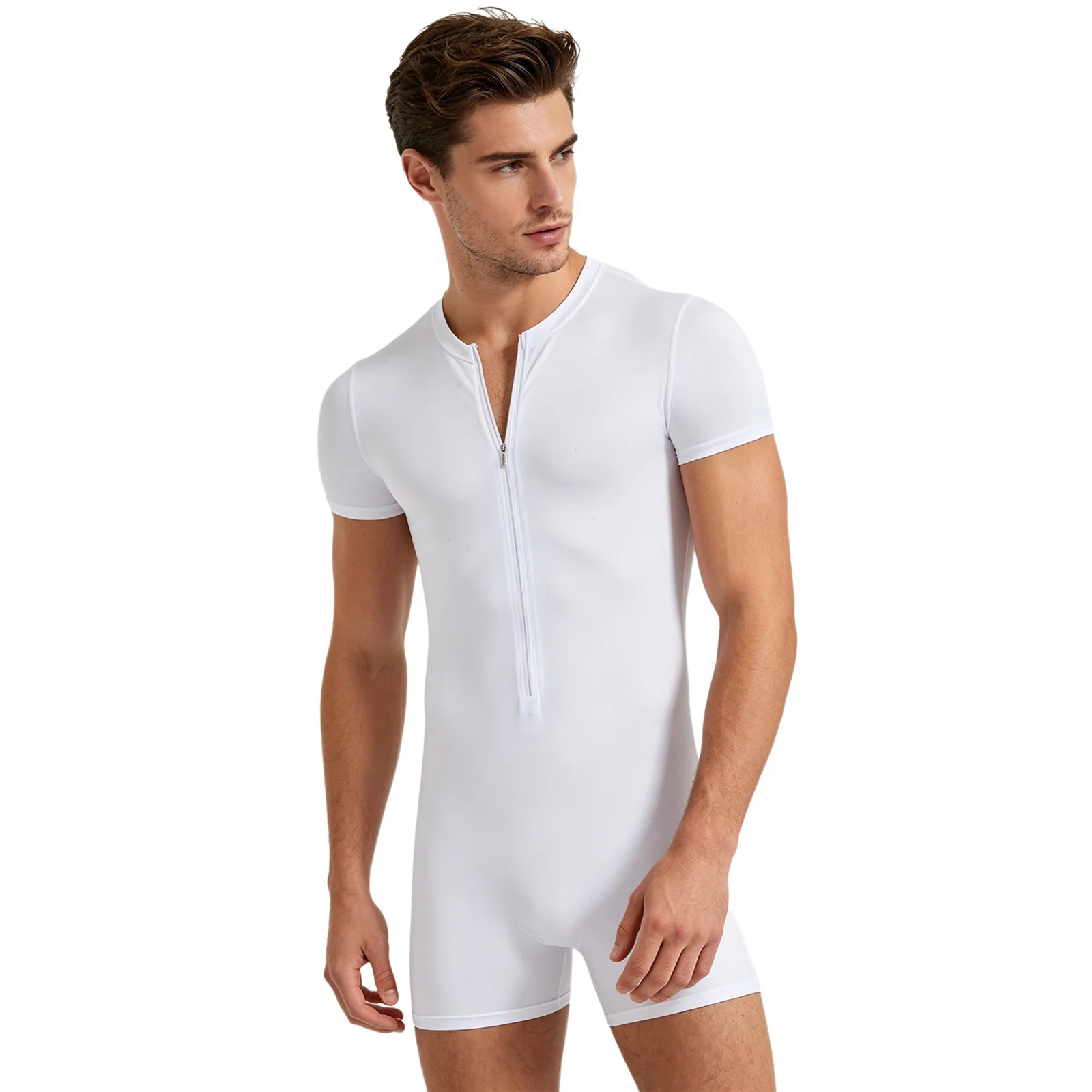 Men's Silky Stretchy Rompers Short Sleeve Zipper Slim Fit Bodysuit One Piece Pajamas Yoga Workout Fitness Swimwear Nightwear