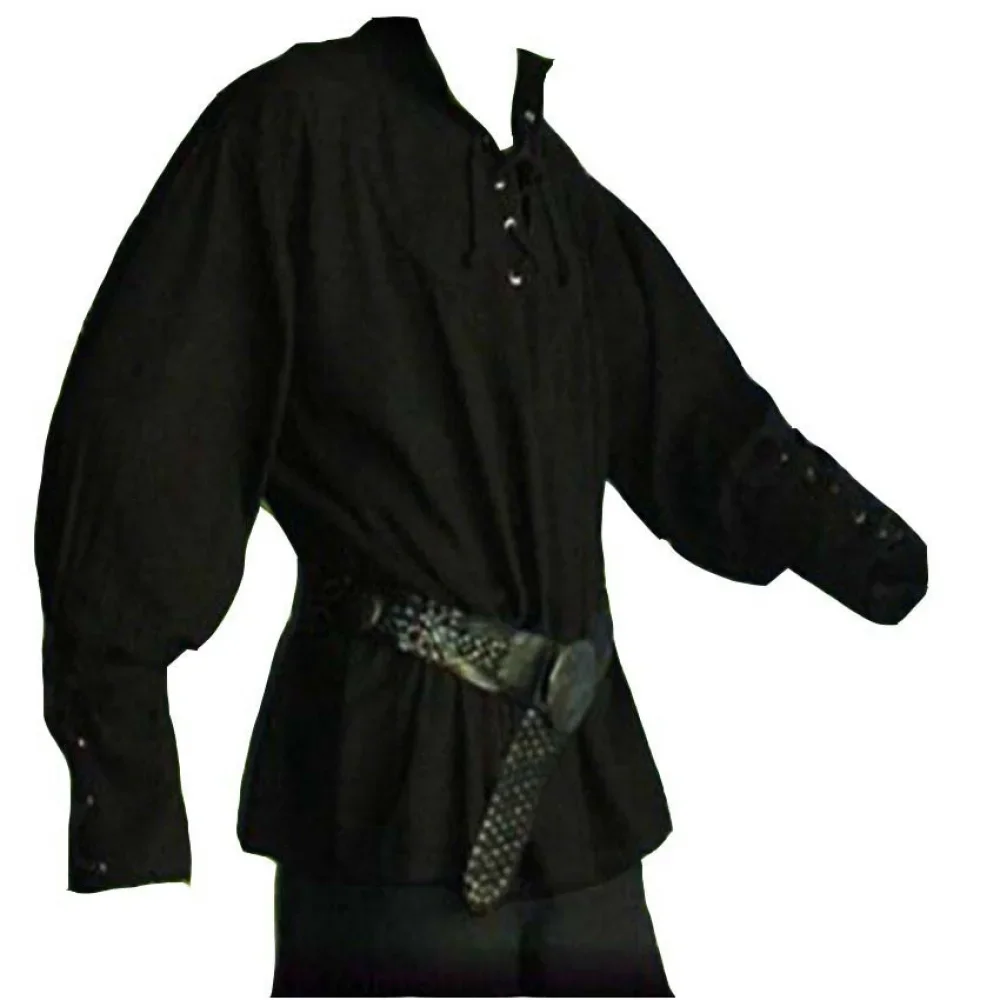 Sin cinturón película para hombre Medieval encaje hasta disfraz de pirata Cosplay masculino mercenario escocés camisa de puño ancho Top vikingo renacentista