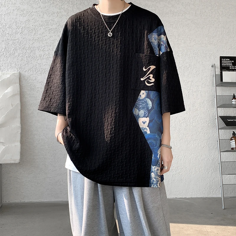 Men's Oversized Bear Print Patchwork T-Shirt Textured Fabric Casual Summer 2026 Couple Tshirts Round Neck Tops