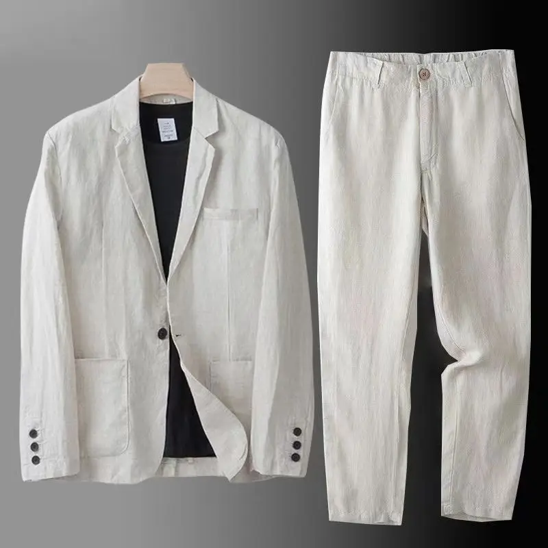 

Spring Autumn Fashion Men Linen Two-piece Set Blazer Jacket + Pants Solid Slim Fit Casual Business Thin Clothing Breathable Suit