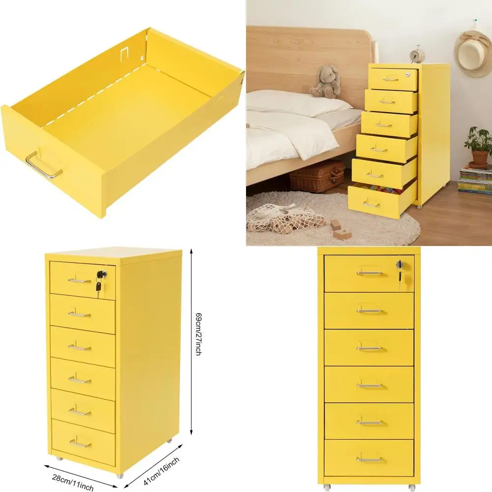 

Yellow Lockable Rolling 6-Drawer Vertical File Cabinet for Home Office, Under Desk Storage with Wheels, 11x16x27in
