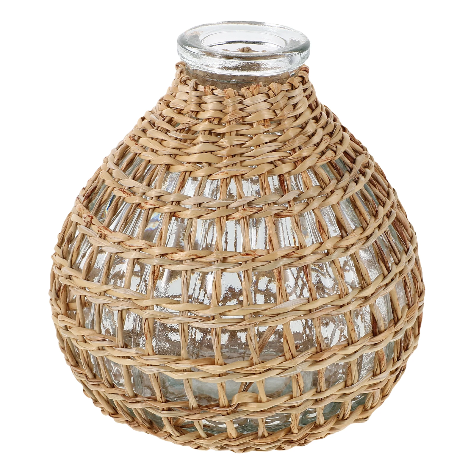 

1pc Creative Woven Aroma Bottle Glass Vase Decorative Flower Arrangement Holder Dried Flower Vase Natural Grass Design Fine