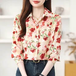 Women Clothing Chic Vintage Floral Printing Shirt Spring Autumn Casual Loose Turn-down Collar Long Sleeve Blouses Fashion Tops